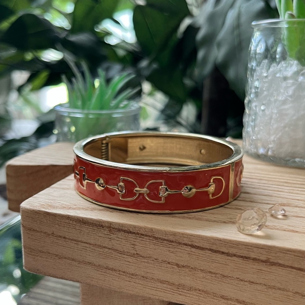 Burnt Orange Horse Bit Enamel Gold-Tone Bangle Bracelet